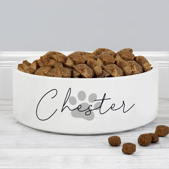 Buy Personalised Grey Paw Print Name 14cm Medium Pet Bowl available now at www.giftsfinder.co.uk