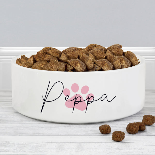 Personalised Pink Pawprint Name 14Cm Medium Pet Bowl For Dogs And Cats - part of the Personalised Pet Bowls collection