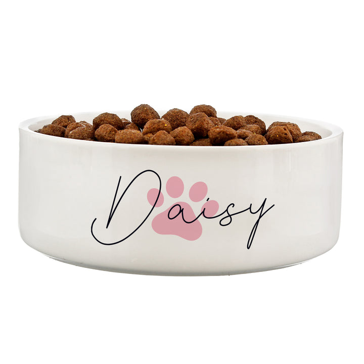 Buy Personalised Pink Pawprint Name 14cm Medium Pet Bowl For Dogs And Cats at www.giftsfinder.co.uk