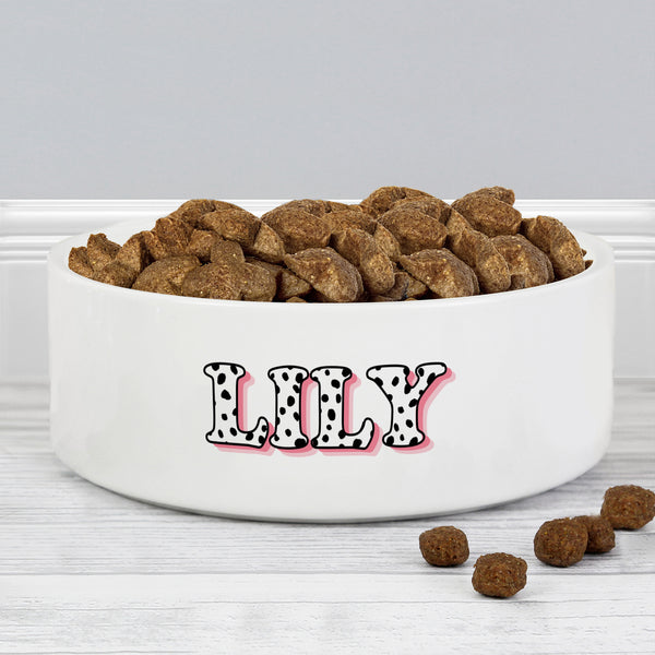 Buy Personalised Pink Spots Name 14cm Medium Pet Bowl For Dogs And Cats at www.giftsfinder.co.uk