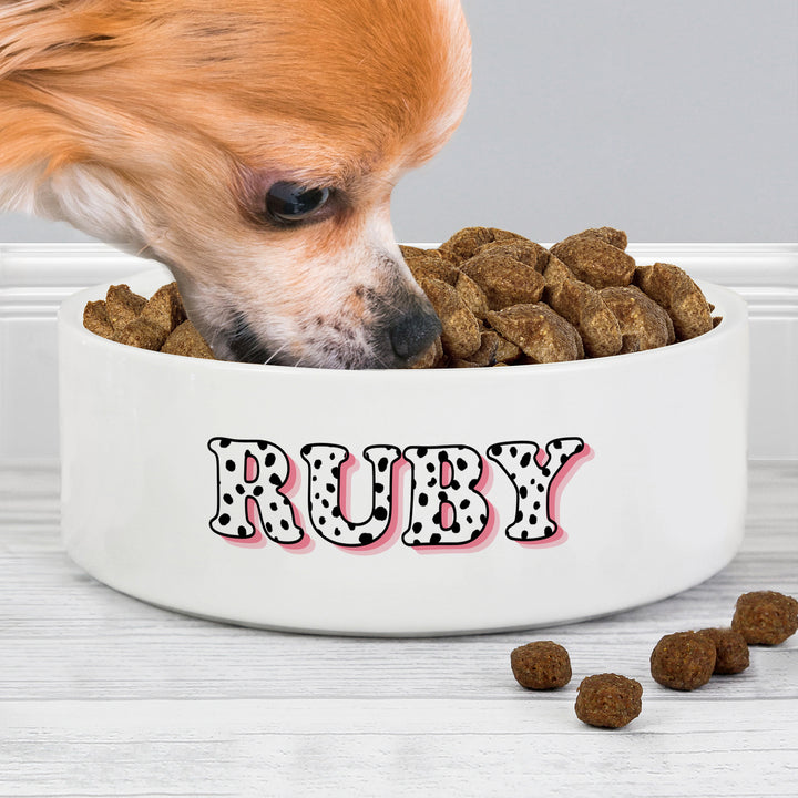 Buy Personalised Pink Spots Name 14cm Medium Pet Bowl For Dogs And Cats at www.giftsfinder.co.uk