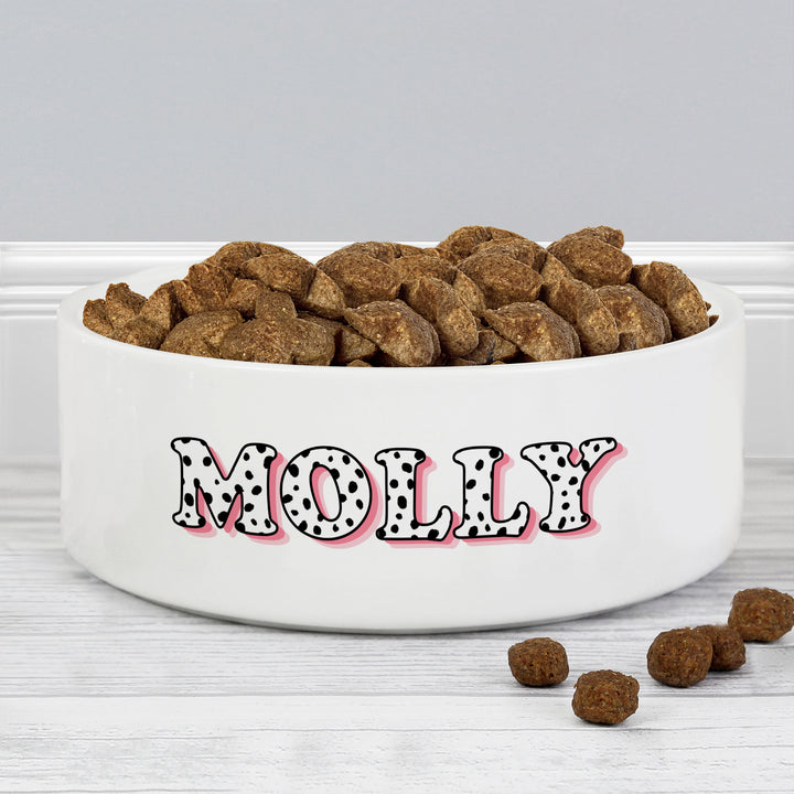 Buy Personalised Pink Spots Name 14cm Medium Pet Bowl For Dogs And Cats at www.giftsfinder.co.uk