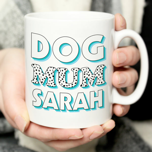 Buy Personalised Dog Mum Blue Spots Mug available now at www.giftsfinder.co.uk