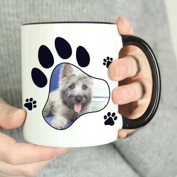 Buy Personalised Paw Print Pet Photo Upload Black Handled Mug at www.giftsfinder.co.uk