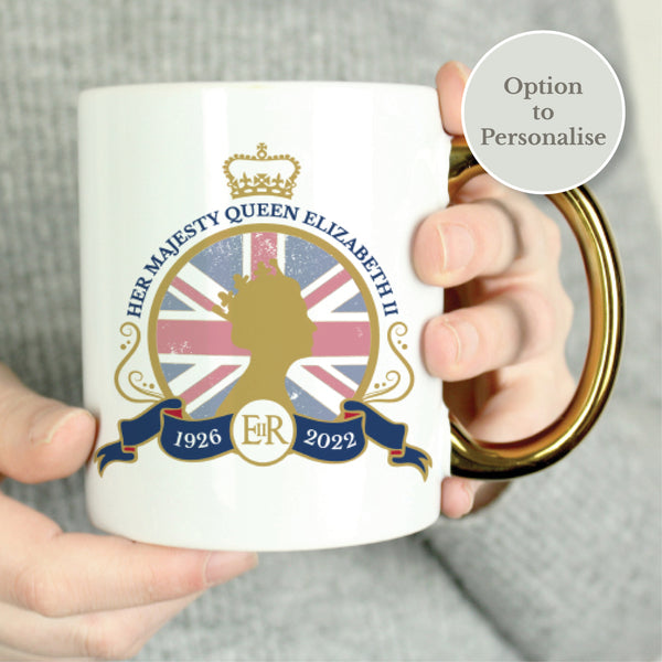 Buy Personalised Queens Commemorative Union Jack Gold Handle Mug at www.giftsfinder.co.uk