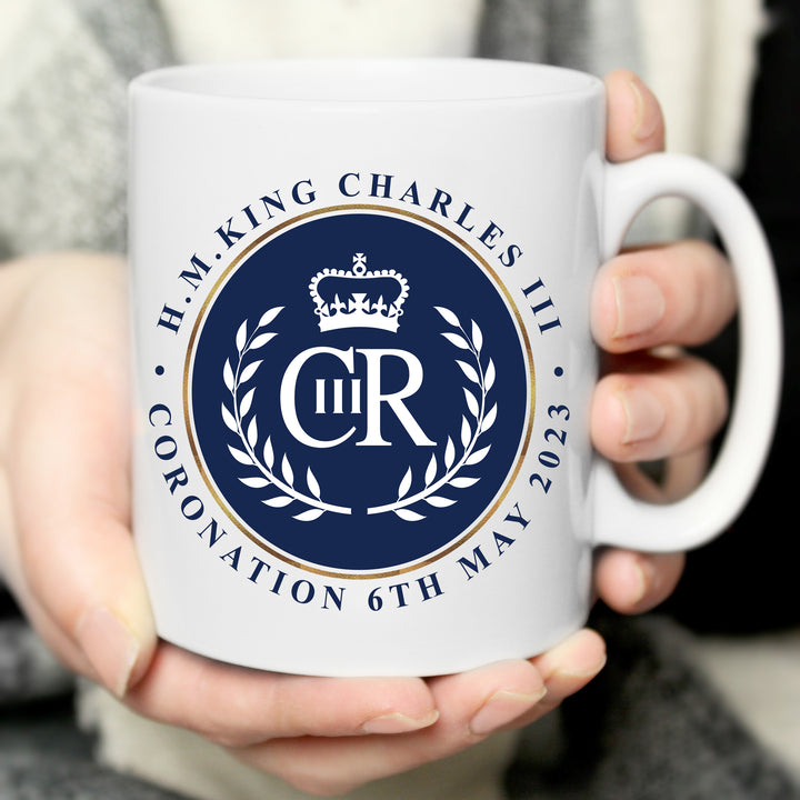 Buy Personalised King Charles III Blue Crest Coronation Commemorative Mug available now at www.giftsfinder.co.uk