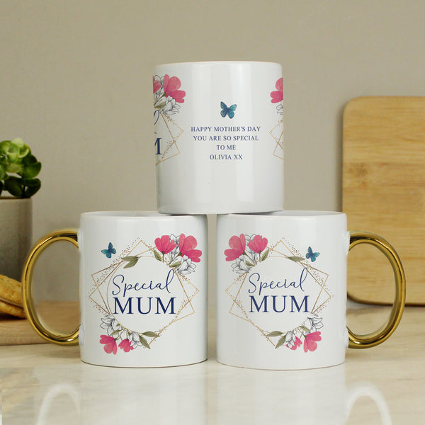 Buy Personalised Geometric Floral Gold Handle Mug available now at www.giftsfinder.co.uk