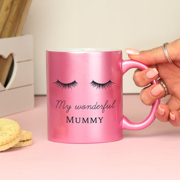 Buy Personalised Eyelashes Pink Glitter Mug available now at www.giftsfinder.co.uk