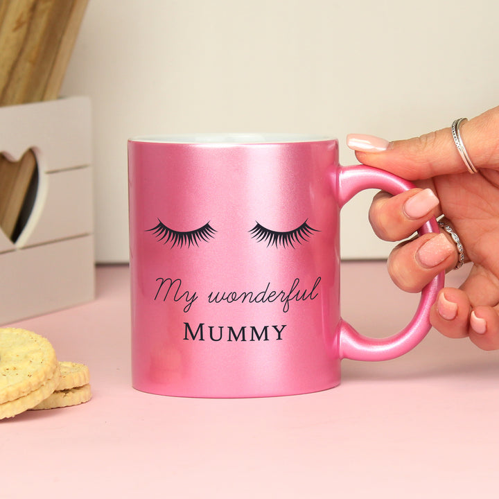 Buy Personalised Eyelashes Pink Glitter Mug available now at www.giftsfinder.co.uk