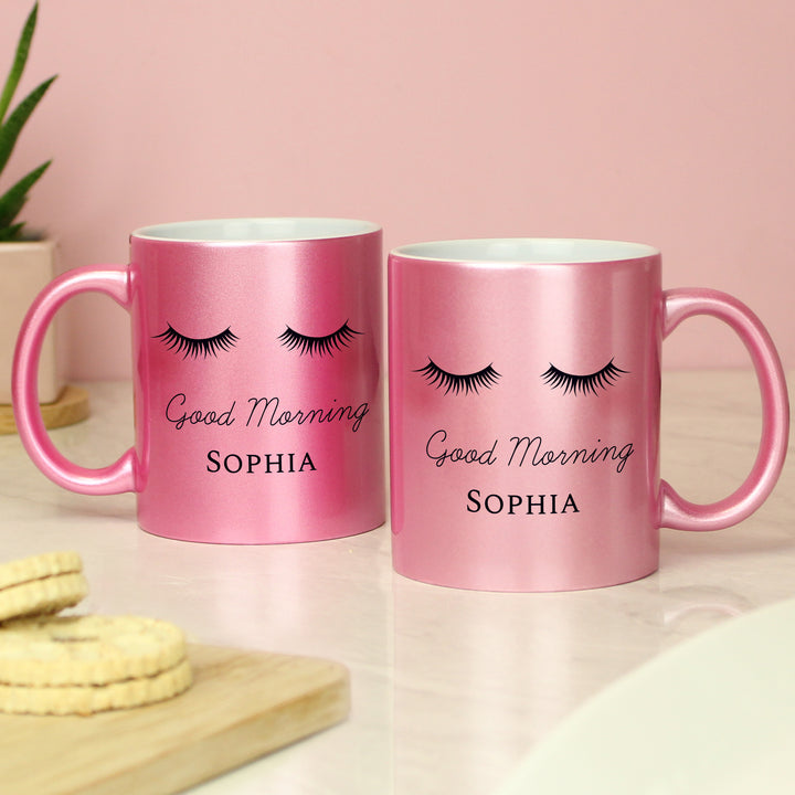 Buy Personalised Eyelashes Pink Glitter Mug available now at www.giftsfinder.co.uk