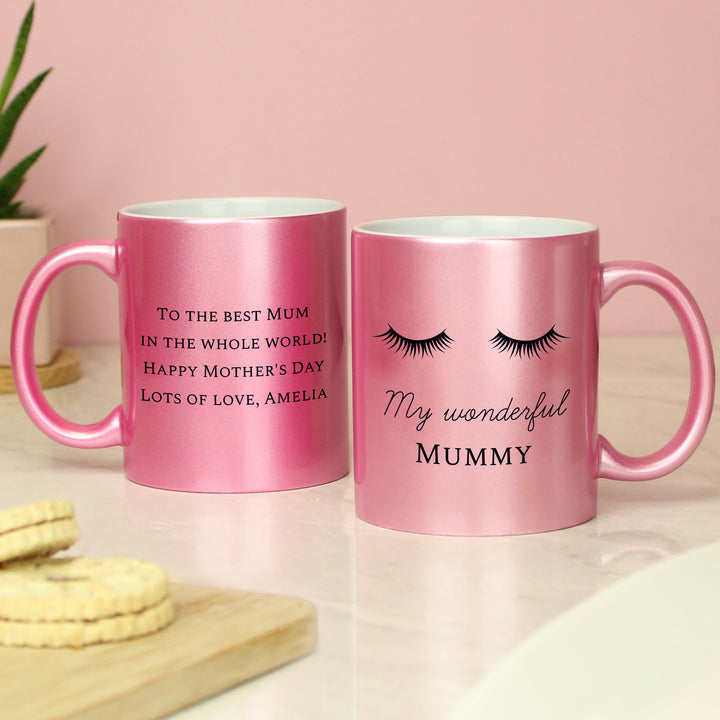 Buy Personalised Eyelashes Pink Glitter Mug available now at www.giftsfinder.co.uk