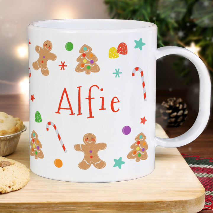 Buy Personalised Gingerbread Pattern Plastic Mug available now at www.giftsfinder.co.uk