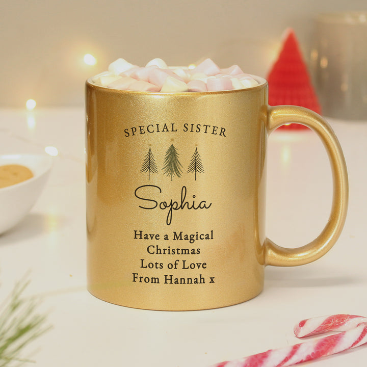 Buy Personalised Christmas Tree Gold Glitter Mug available now at www.giftsfinder.co.uk