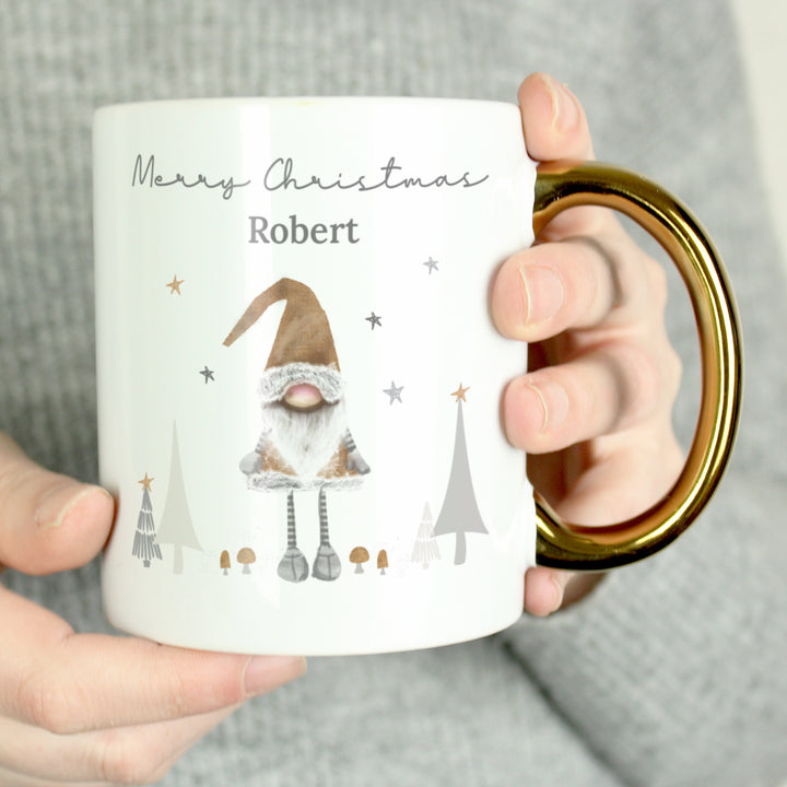 Buy Personalised Christmas Gonk Gold Handed Mug available now at www.giftsfinder.co.uk