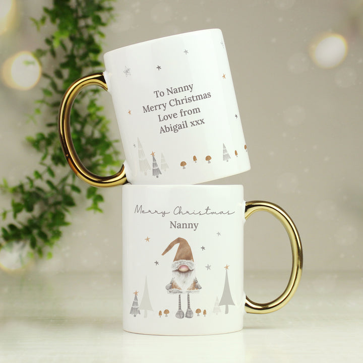 Buy Personalised Christmas Gonk Gold Handed Mug available now at www.giftsfinder.co.uk