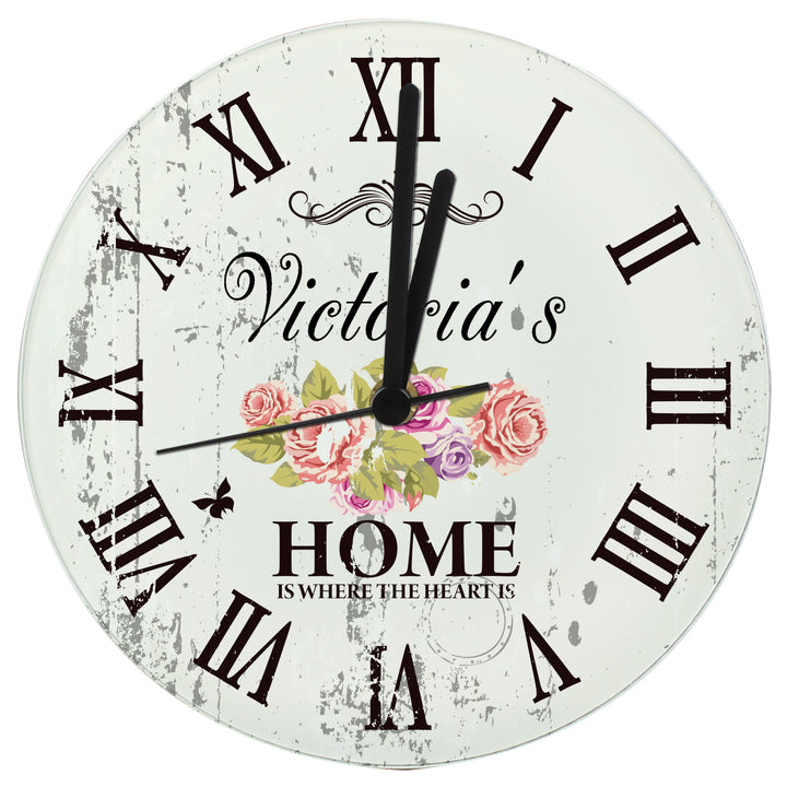 Personalised Shabby Chic Floral Glass Clock in gift category Personalised Clocks