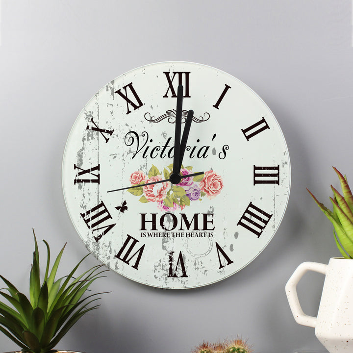 Personalised Shabby Chic Floral Glass Clock in gift category Personalised Clocks