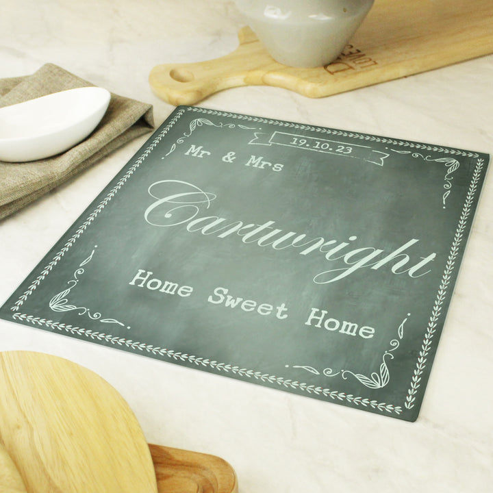 Buy Personalised Family Chalk Glass Chopping Board/Worktop Saver available now at www.giftsfinder.co.uk