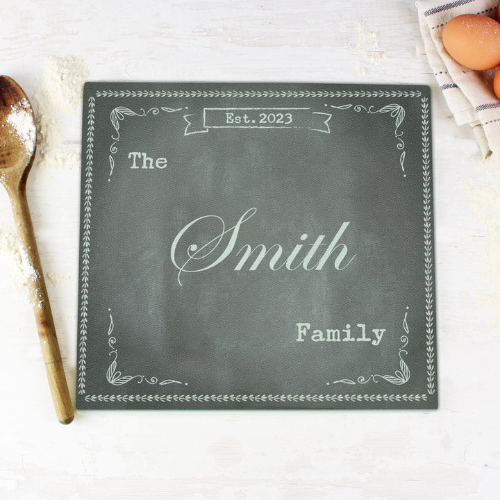 Buy Personalised Family Chalk Glass Chopping Board/Worktop Saver available now at www.giftsfinder.co.uk