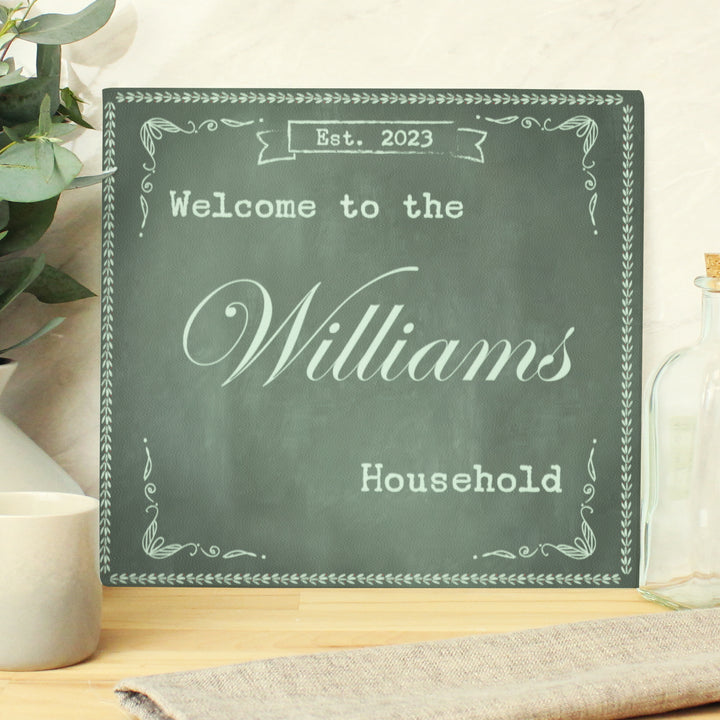 Buy Personalised Family Chalk Glass Chopping Board/Worktop Saver available now at www.giftsfinder.co.uk