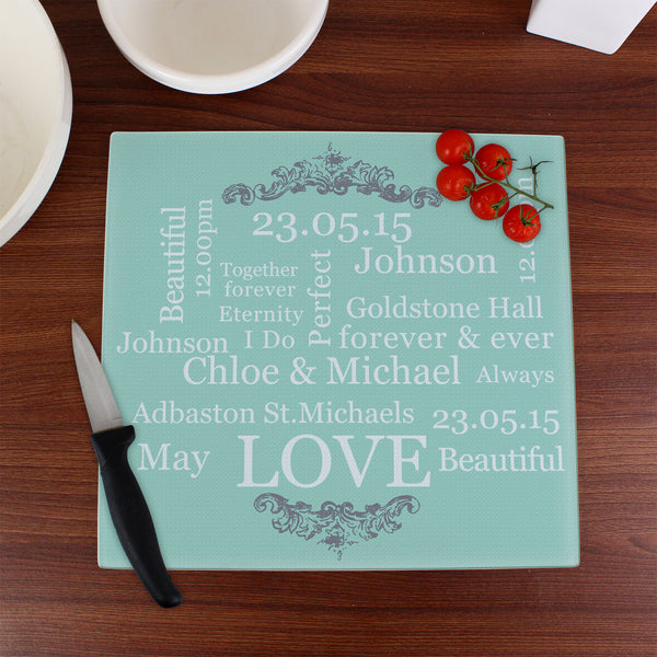 Personalised Typography Glass Chopping Board/Worktop Saver in gift category Personalised Chopping Boards