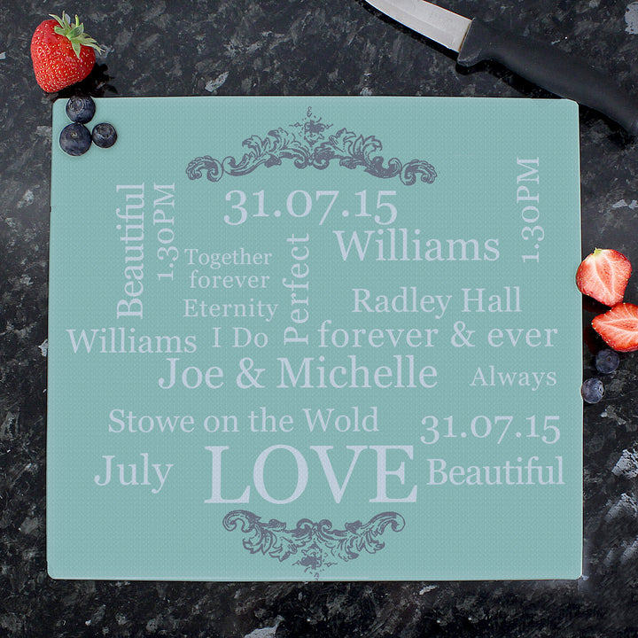 Personalised Typography Glass Chopping Board/Worktop Saver - part of the Gifts Finder Personalised Chopping Boards collection