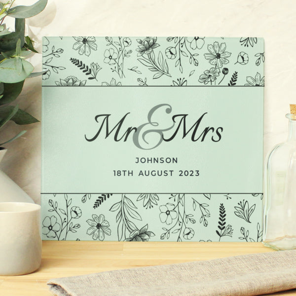 Buy Personalised Mr & Mrs Botanical Glass Chopping Board/Worktop Saver available now at www.giftsfinder.co.uk