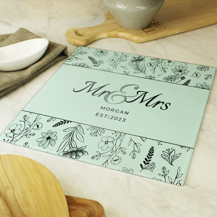 Buy Personalised Mr & Mrs Botanical Glass Chopping Board/Worktop Saver available now at www.giftsfinder.co.uk