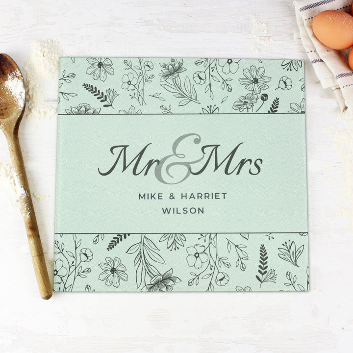 Buy Personalised Mr & Mrs Botanical Glass Chopping Board/Worktop Saver available now at www.giftsfinder.co.uk