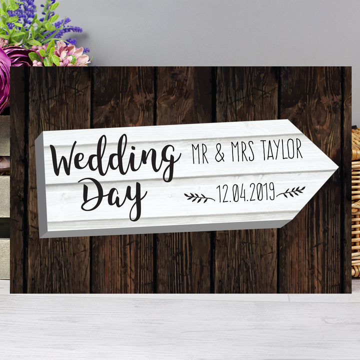 Buy Personalised Wedding Day White Arrow Metal Sign at www.giftsfinder.co.uk