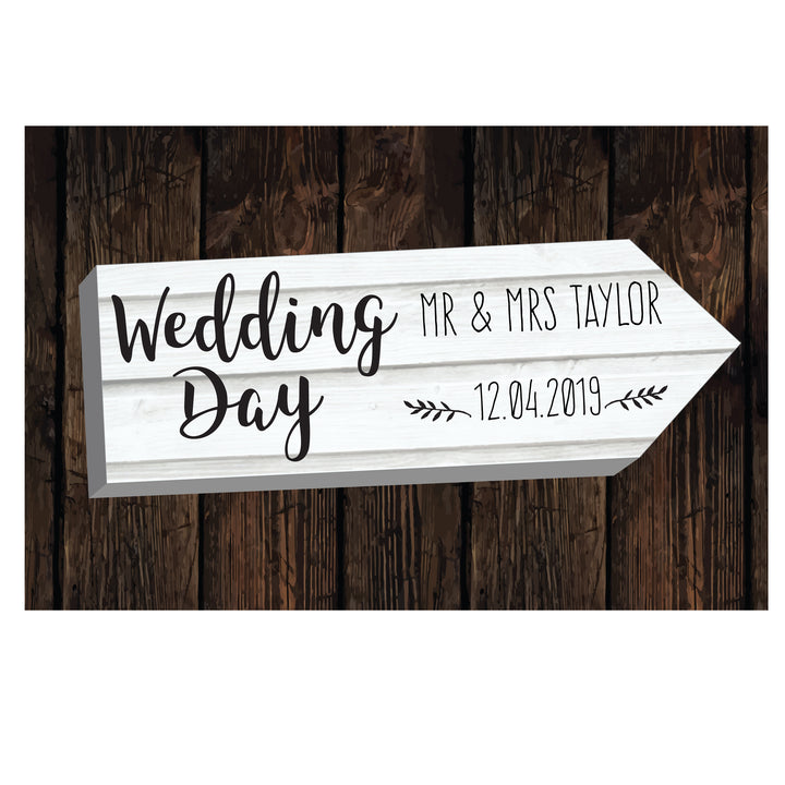 Buy Personalised Wedding Day White Arrow Metal Sign at www.giftsfinder.co.uk