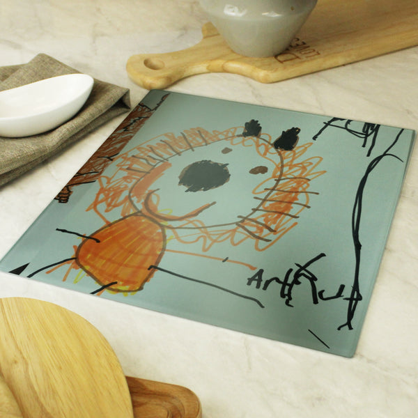 Buy Personalised Childrens Drawing Photo Upload Glass Chopping Board/Worktop Saver available now at www.giftsfinder.co.uk