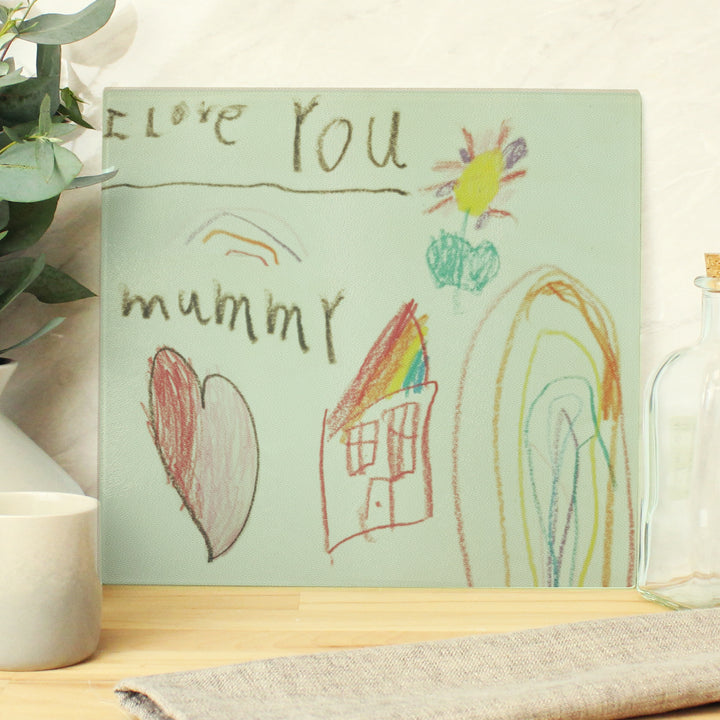 Personalised Childrens Drawing Photo Upload Glass Chopping Board/Worktop Saver - part of the Gifts Finder Personalised Chopping Boards collection