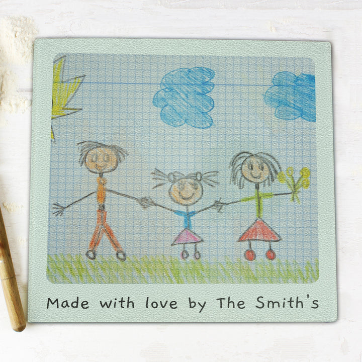 Personalised Childrens Drawing Photo Upload Glass Chopping Board/Worktop Saver - part of the Gifts Finder Personalised Chopping Boards collection