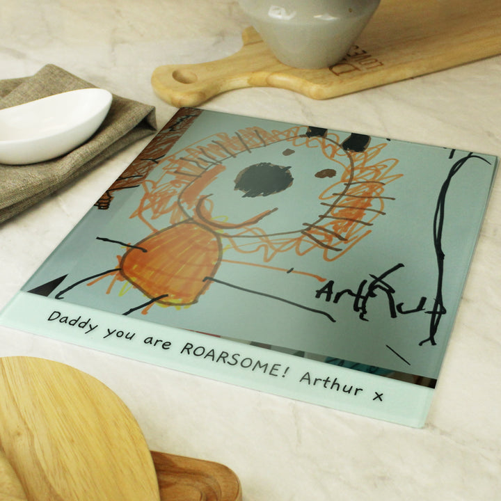 Personalised Childrens Drawing Photo Upload Glass Chopping Board/Worktop Saver - part of the Gifts Finder Personalised Chopping Boards collection