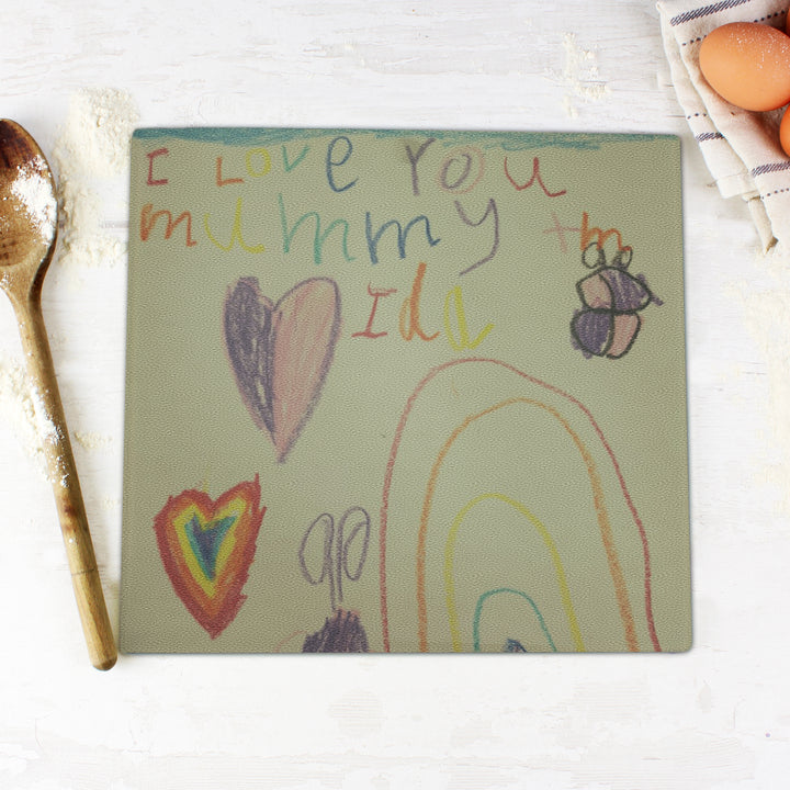 Personalised Childrens Drawing Photo Upload Glass Chopping Board/Worktop Saver - part of the Gifts Finder Personalised Chopping Boards collection