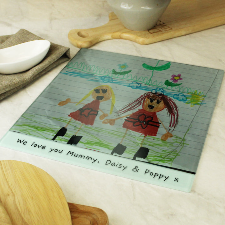 Personalised Childrens Drawing Photo Upload Glass Chopping Board/Worktop Saver - part of the Gifts Finder Personalised Chopping Boards collection