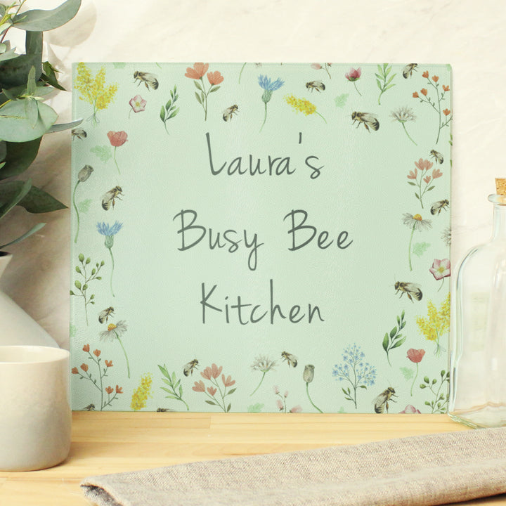 Buy Personalised Busy Bee Glass Chopping Board/Worktop Saver available now at www.giftsfinder.co.uk