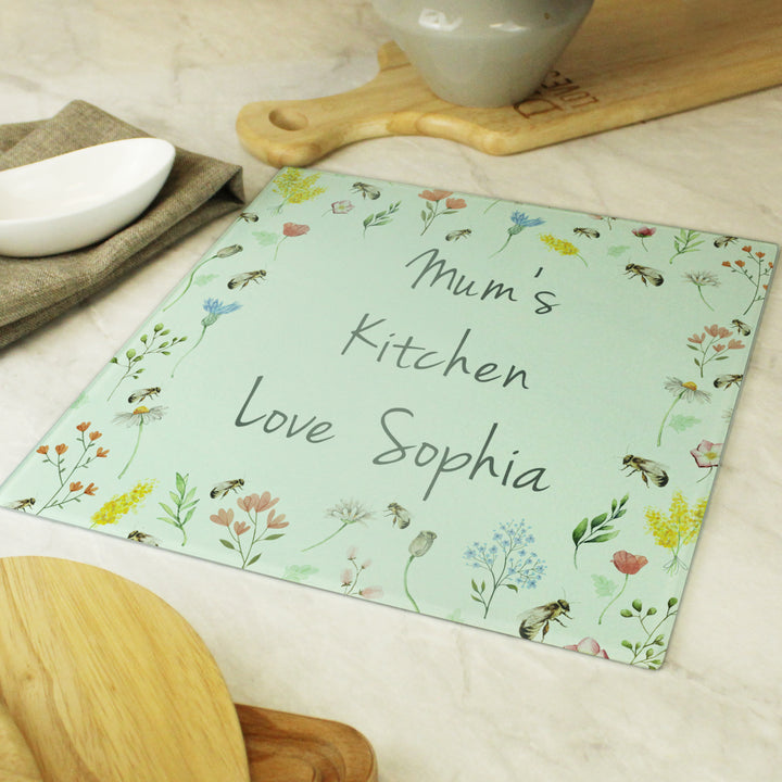 Buy Personalised Busy Bee Glass Chopping Board/Worktop Saver available now at www.giftsfinder.co.uk