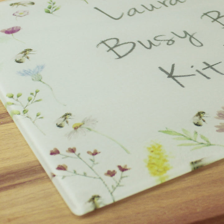 Buy Personalised Busy Bee Glass Chopping Board/Worktop Saver available now at www.giftsfinder.co.uk