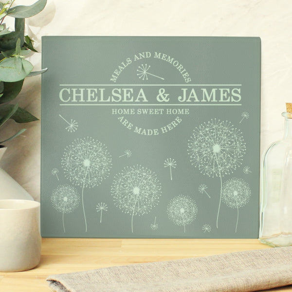 Buy Personalised Dandelion Glass Chopping Board/Worktop Saver available now at www.giftsfinder.co.uk