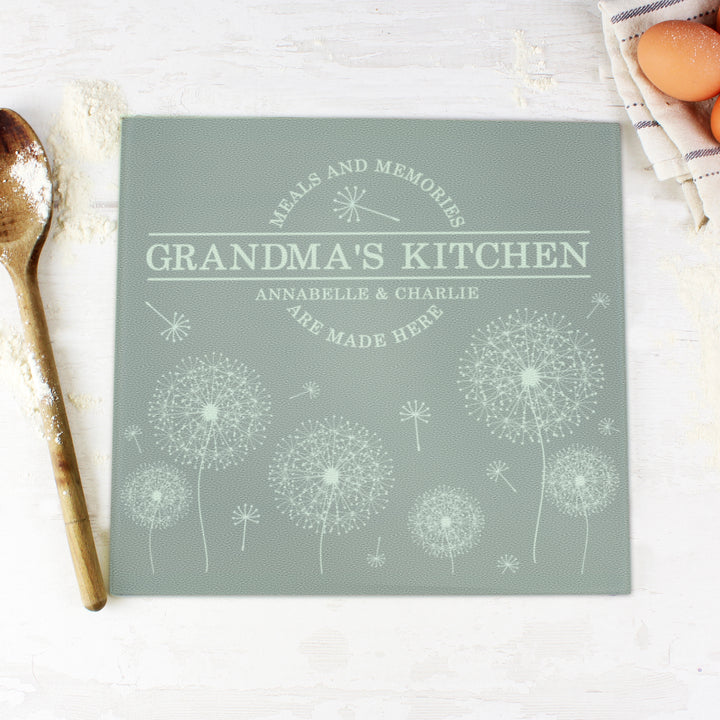 Buy Personalised Dandelion Glass Chopping Board/Worktop Saver available now at www.giftsfinder.co.uk