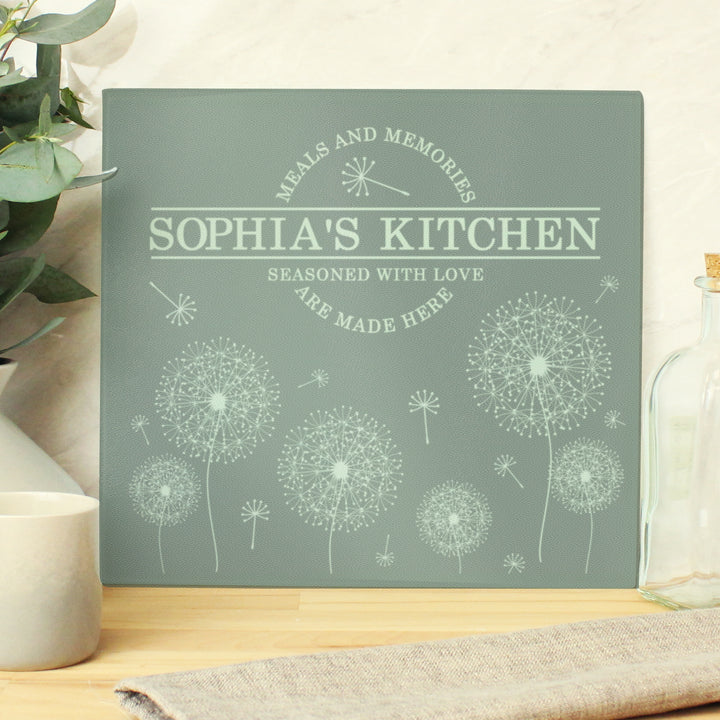 Buy Personalised Dandelion Glass Chopping Board/Worktop Saver available now at www.giftsfinder.co.uk