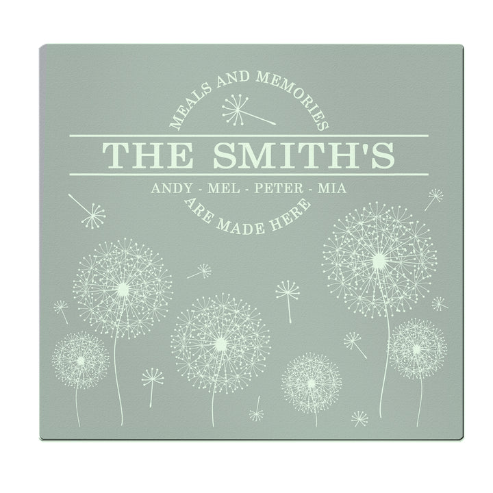 Buy Personalised Dandelion Glass Chopping Board/Worktop Saver available now at www.giftsfinder.co.uk