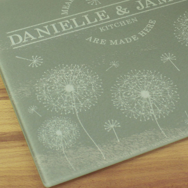 Buy Personalised Dandelion Glass Chopping Board/Worktop Saver available now at www.giftsfinder.co.uk