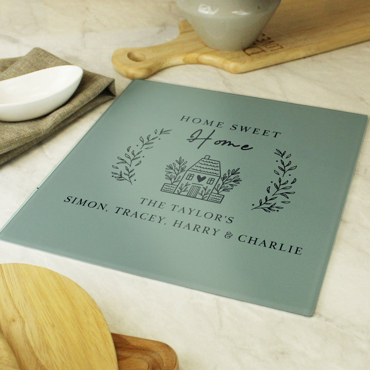 Buy Personalised HOME Glass Chopping Board/Worktop Saver available now at www.giftsfinder.co.uk