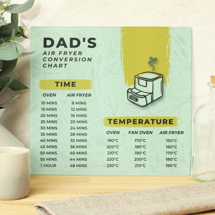 Buy Personalised Air Fryer Chart Glass Chopping Board/Worktop Saver - Father's Day gift available now at www.giftsfinder.co.uk