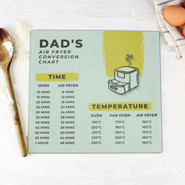 Buy Personalised Air Fryer Chart Glass Chopping Board/Worktop Saver - Father's Day gift available now at www.giftsfinder.co.uk