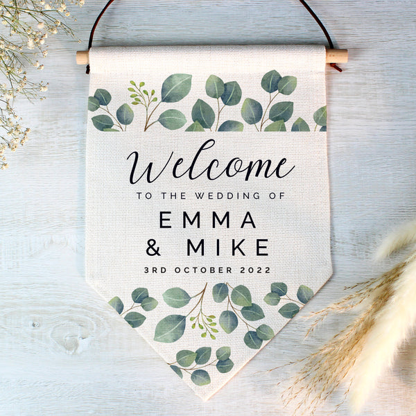 Buy Personalised Botanical Wedding Hanging Banner available now at www.giftsfinder.co.uk