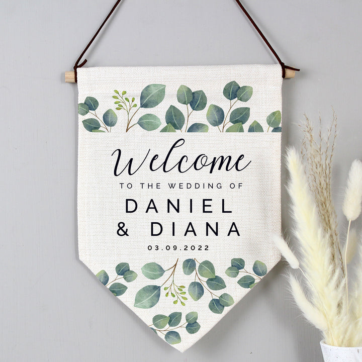 Buy Personalised Botanical Wedding Hanging Banner available now at www.giftsfinder.co.uk